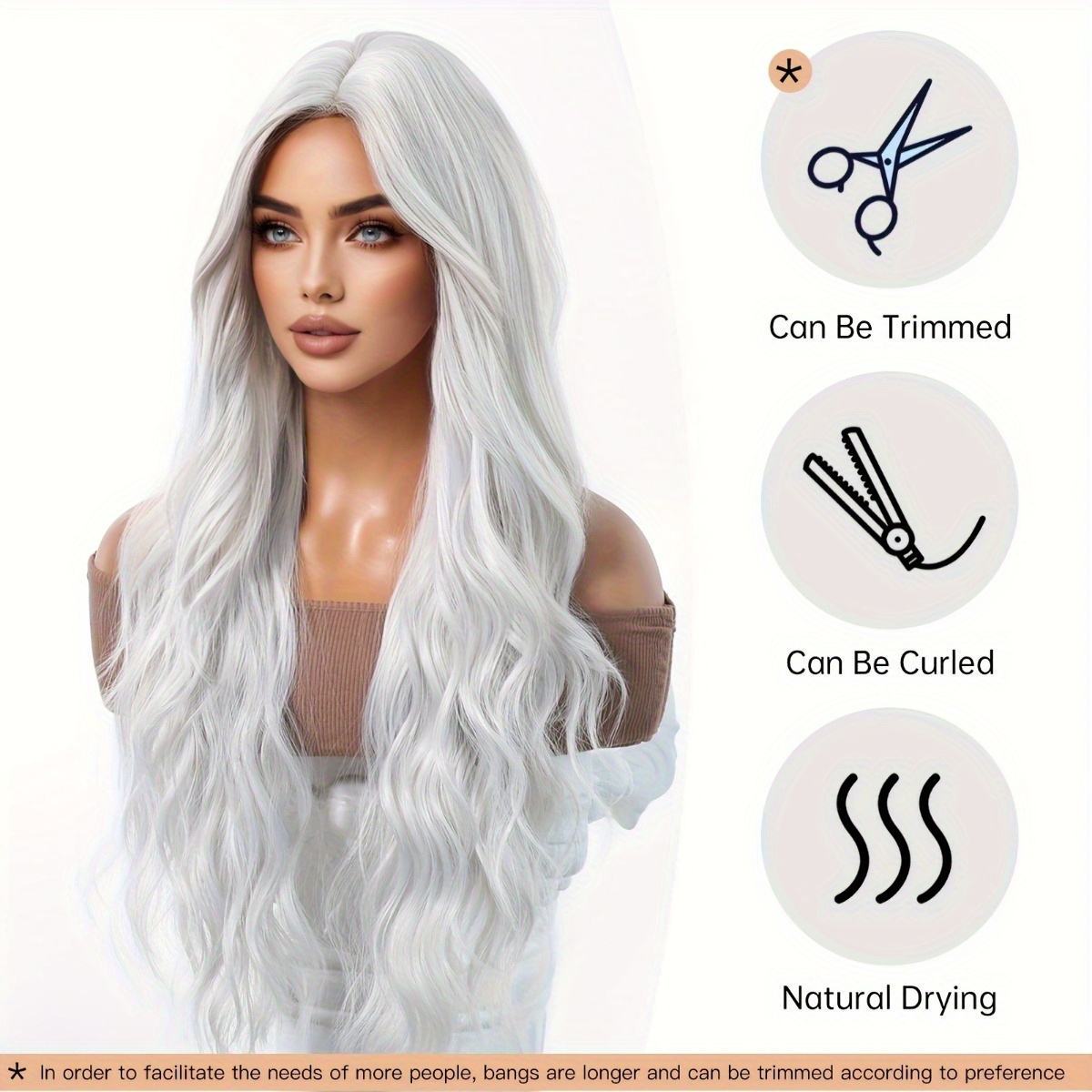 Hair Care Long Hair - 安信ブランド合成繊維ウィッグ：シルバーホワイトの自然な大きなウェーブのかかったロングカールヘアスタイル、髪の毛は滑らかで光沢があり、質感はダイナミックで軽量です。 高品質の合成繊維素材で作られており、快適な着用感、肌に優しく、お手入れが簡単です。 大人の女性の日常のファッションスタイリング、目を引くパーティー衣装、コスプレキャラクターの再現、ゴシック/レトロをテーマにした衣装、トレンディなアイテムに適しています。